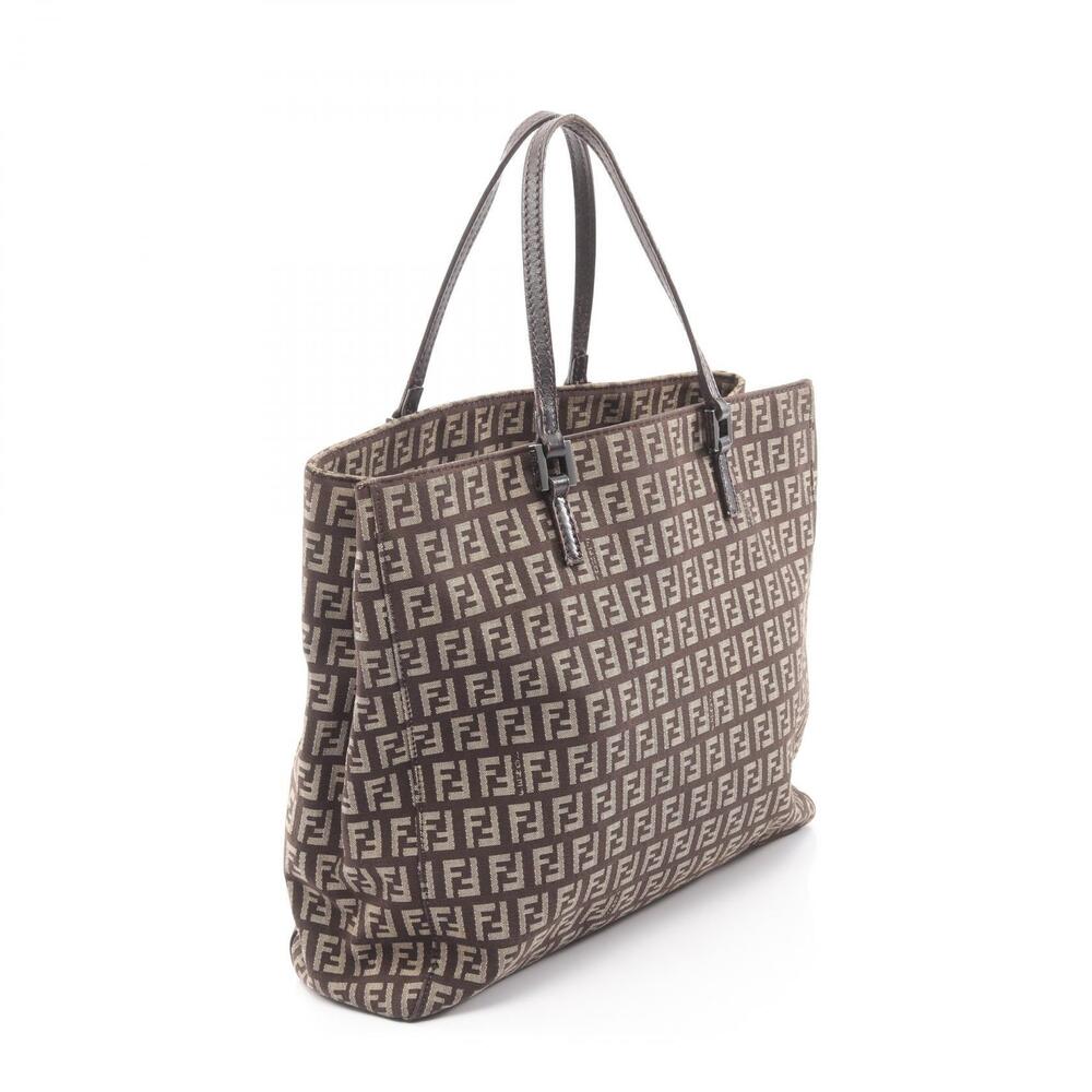 Fendi Zucchino Leather Bag Canvas Brown Beige Tote Brown Tan